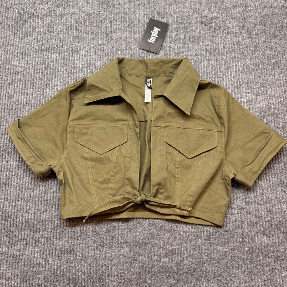 Olive‎ Green Cargo Crop Top Tie Front Short Sleeve Y2K Utility Festival M/L